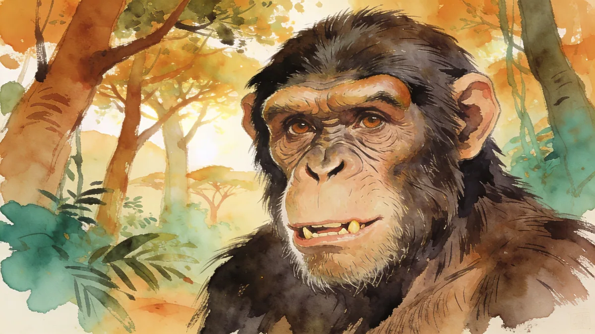 Visual depiction of A Sahelanthropus — possibly the earliest hominin — in a Saharan forest seven million years ago