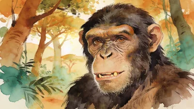 Visual depiction of A Sahelanthropus — possibly the earliest hominin — in a Saharan forest seven million years ago