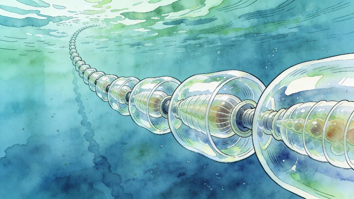 Visual depiction of A salp chain drifting through open ocean
