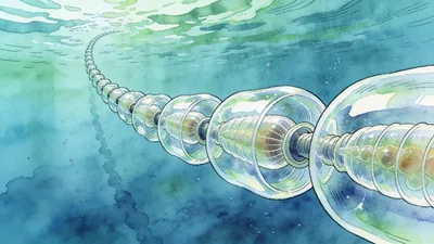 Visual depiction of A salp chain drifting through open ocean