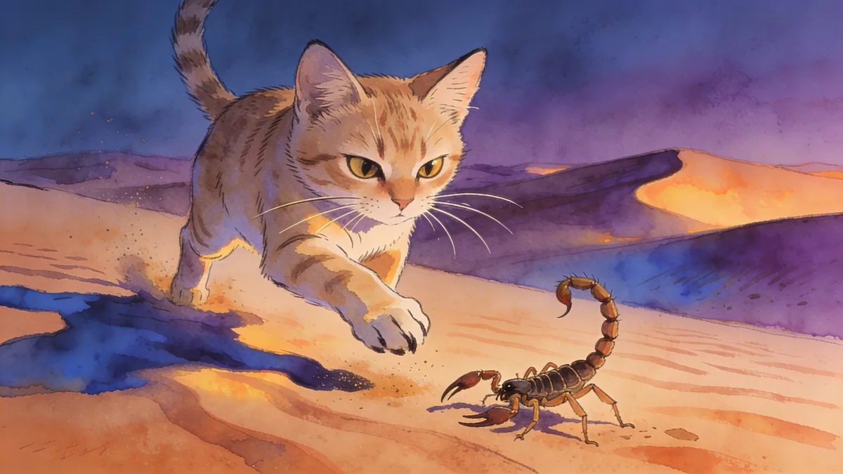 Visual depiction of A sand cat hunting a scorpion at twilight in the Sahara