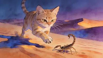 Visual depiction of A sand cat hunting a scorpion at twilight in the Sahara