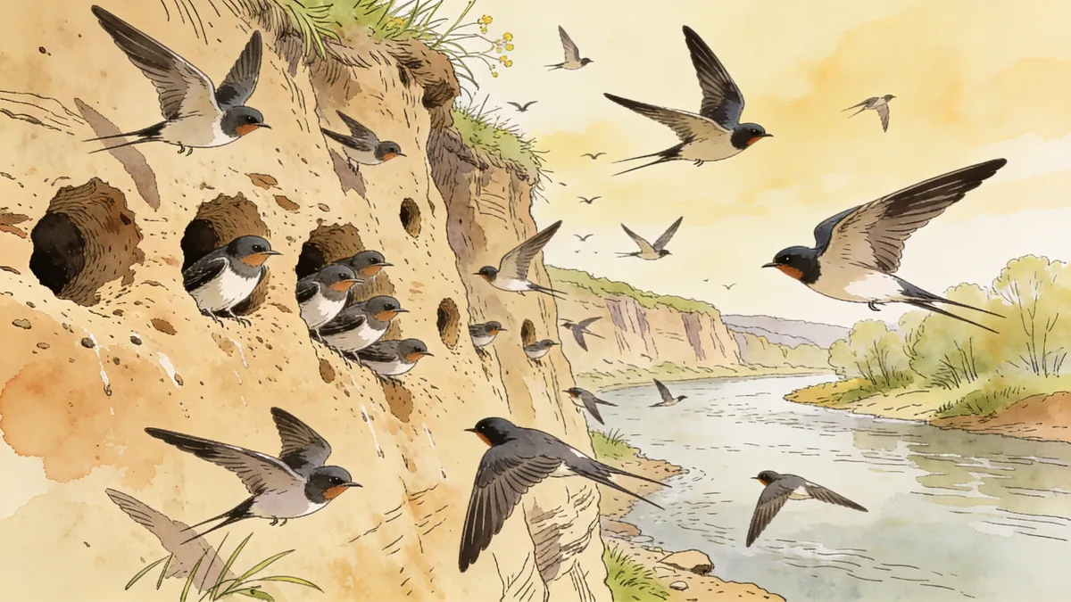 Visual depiction of A sand martin colony at their burrow holes in a river cliff