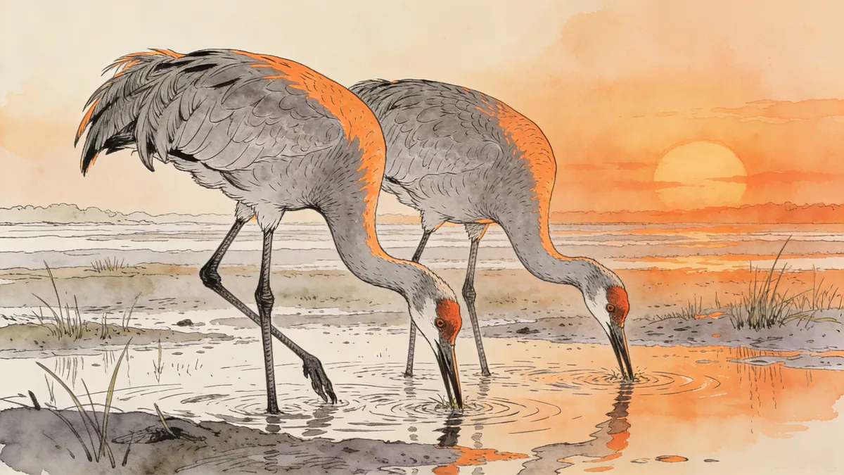 Visual depiction of A sandhill crane pair foraging through shallow coastal wetland at sunrise