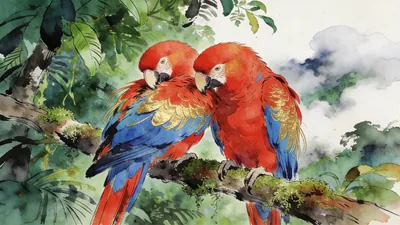 Visual depiction of A scarlet macaw pair in a Costa Rican cloud forest