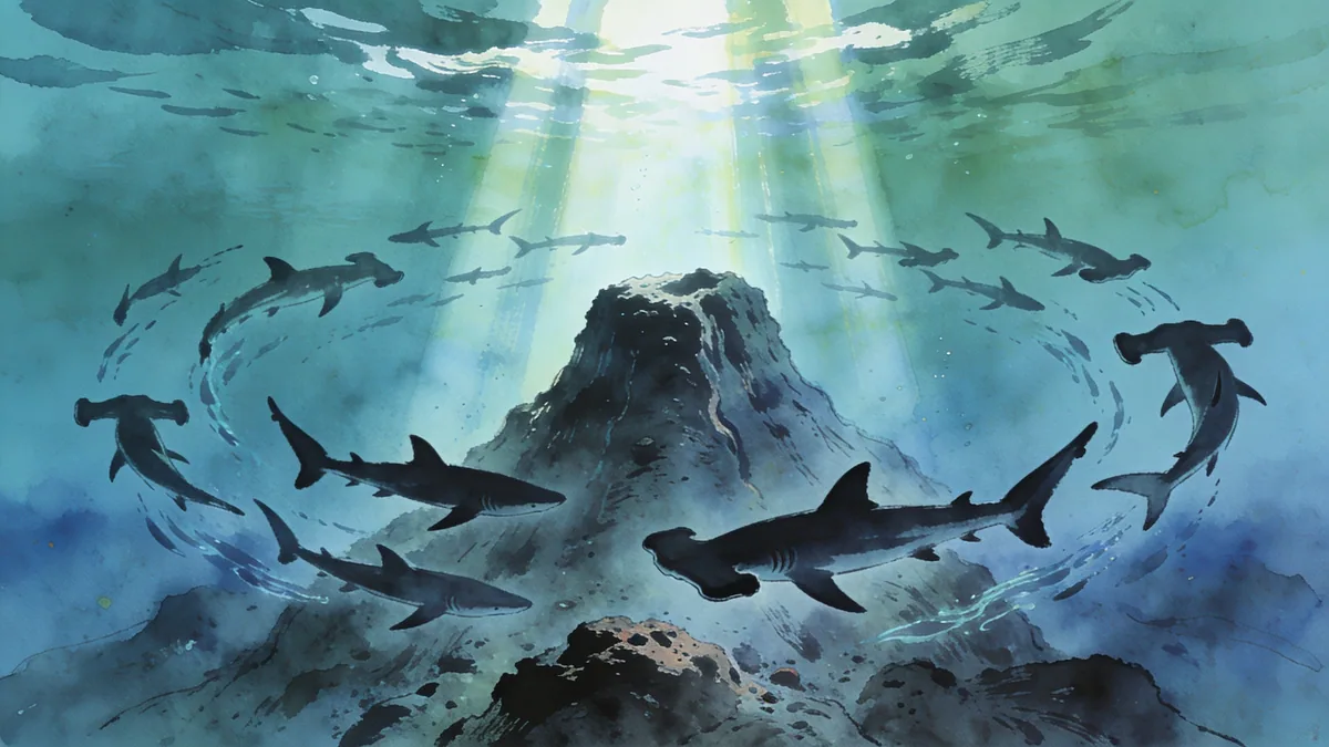 Visual depiction of A school of hammerhead sharks circling a seamount