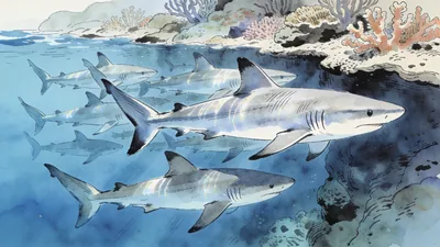 Visual depiction of A school of silvertip sharks patrolling a reef edge