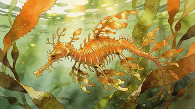 Visual depiction of A sea dragon (Phycodurus eques) among kelp fronds