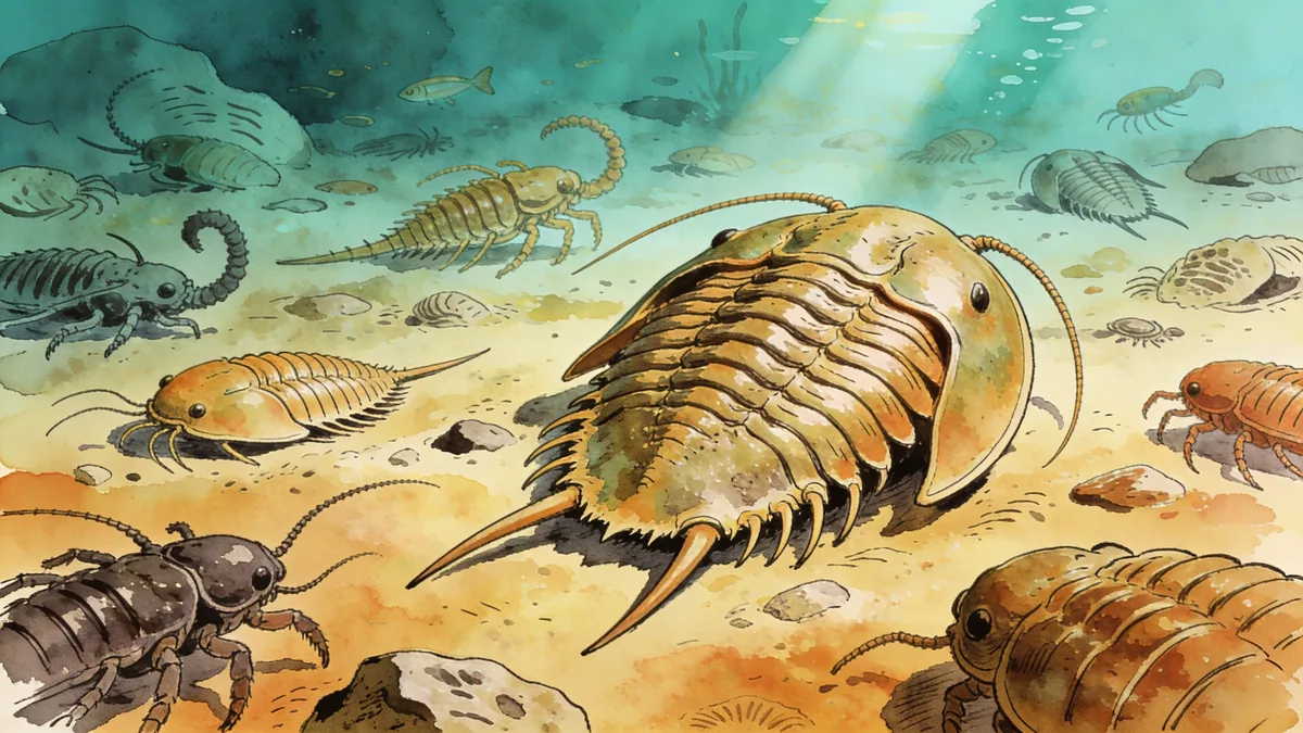 Visual depiction of A sea floor covered in Cambrian trilobites