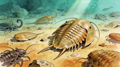 Visual depiction of A sea floor covered in Cambrian trilobites