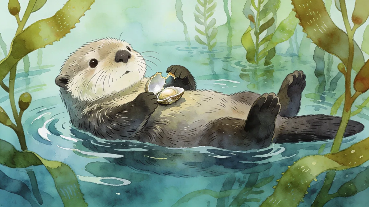 Visual depiction of A sea otter floating on its back in a kelp forest