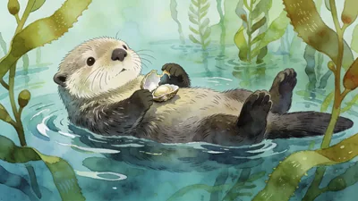 Visual depiction of A sea otter floating on its back in a kelp forest