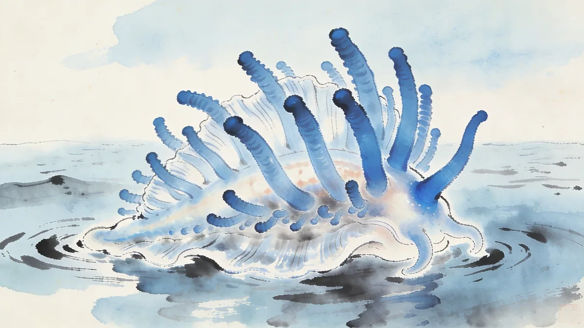 Visual depiction of A sea slug (Glaucus atlanticus) floating on the ocean surface
