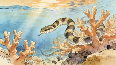 Visual depiction of A sea snake hunting across a coral reef