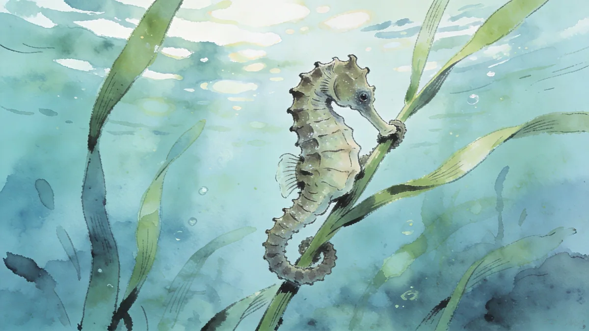 Visual depiction of A seahorse clinging to a gently swaying sea grass stem