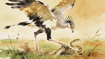 Visual depiction of A secretary bird stomping a puff adder to death on open grassland