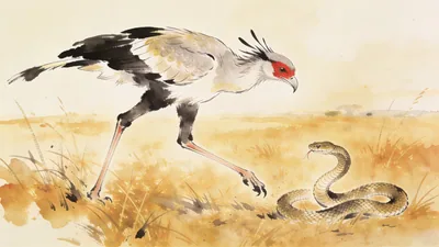 Visual depiction of A secretary bird striding across open East African grassland