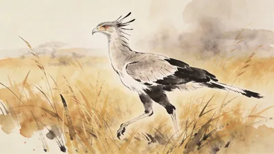 Visual depiction of A secretary bird striding through tall golden grass