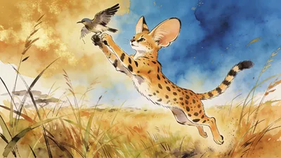 Visual depiction of A serval making a spectacular vertical leap to catch a bird in tall savanna grass