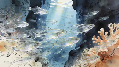 Visual depiction of A shoal of glass fish in a coral canyon