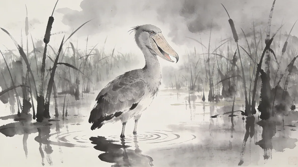 Visual depiction of A shoebill stork standing motionless in a papyrus swamp
