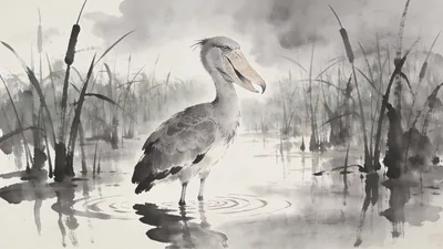 Visual depiction of A shoebill stork standing motionless in a papyrus swamp