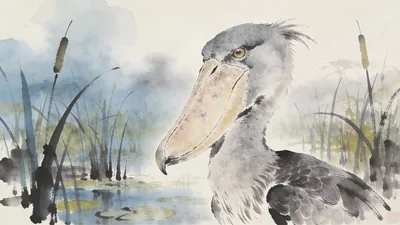 Visual depiction of A shoebill stork standing motionless in a papyrus swamp