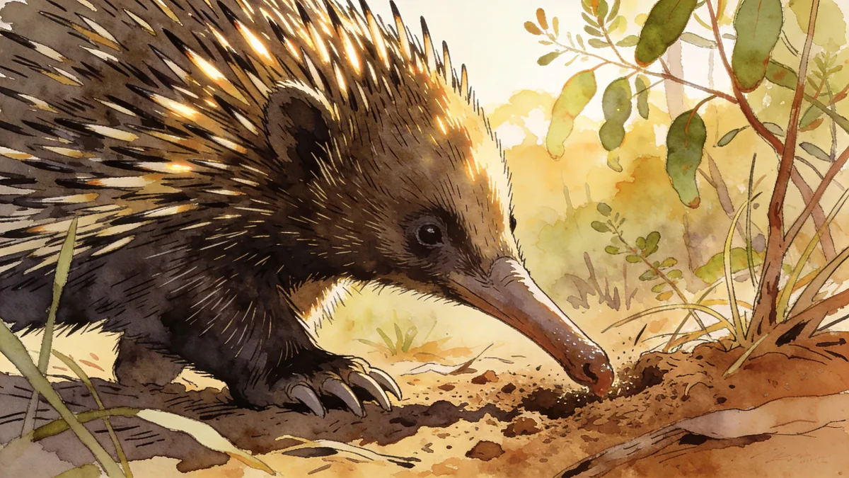 Visual depiction of A short-beaked echidna foraging in dry Australian eucalyptus scrub