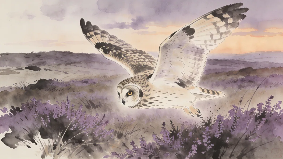 Visual depiction of A short-eared owl hunting over open moorland at dusk