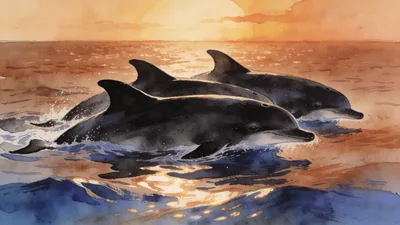 Visual depiction of A short-finned pilot whale pod at sunset