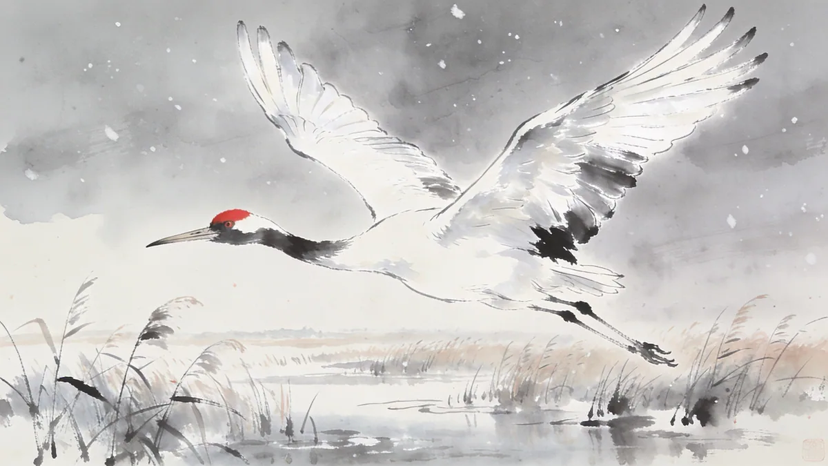 Visual depiction of A Siberian crane in flight over the Poyang Lake wetlands in winter
