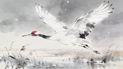 Visual depiction of A Siberian crane in flight over the Poyang Lake wetlands in winter