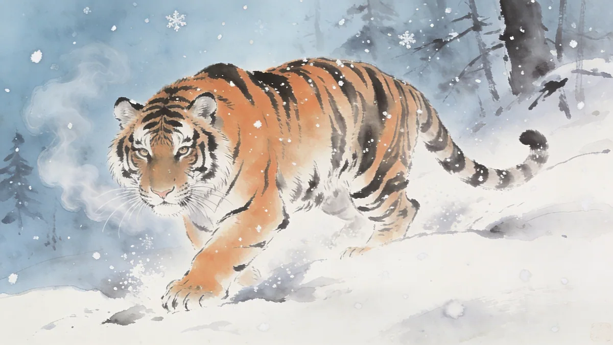 Visual depiction of A Siberian tiger moving silently through deep Amur taiga snow