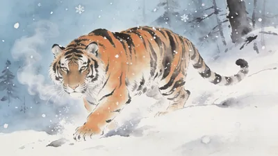 Visual depiction of A Siberian tiger moving silently through deep Amur taiga snow