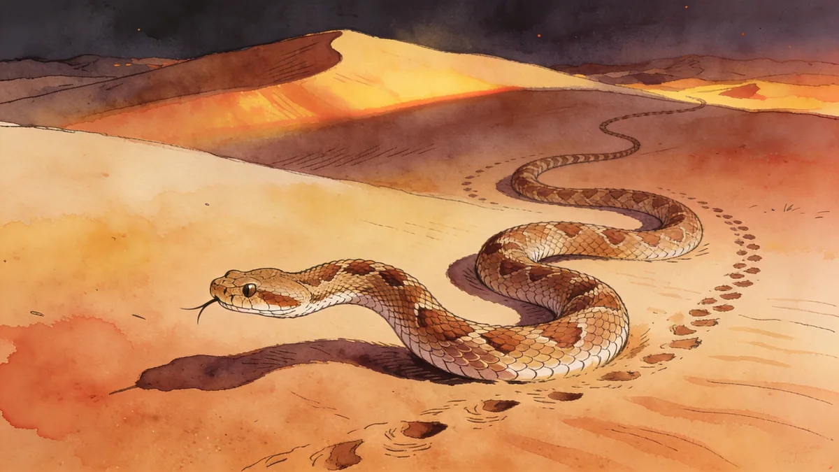 Visual depiction of A sidewinder rattlesnake moving in S-curves across smooth sand dunes at dusk