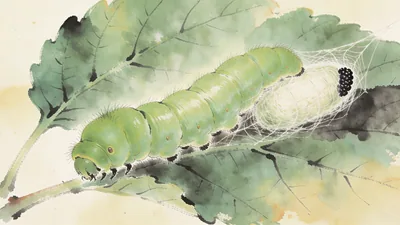 Visual depiction of A silk moth caterpillar on a mulberry leaf