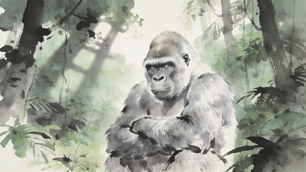Visual depiction of A silverback gorilla sitting in a jungle clearing