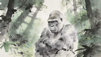 Visual depiction of A silverback gorilla sitting in a jungle clearing