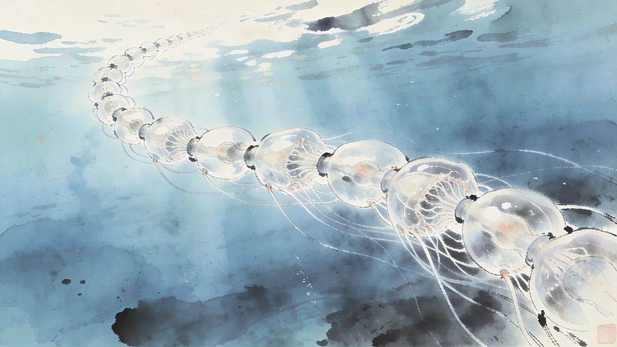 Visual depiction of A siphonophore colony trailing through open ocean