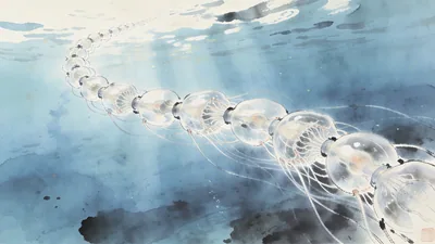 Visual depiction of A siphonophore colony trailing through open ocean