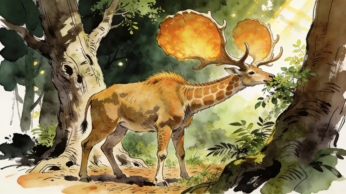 Visual depiction of A Sivatherium — giant giraffe relative — browsing in a Pliocene African forest
