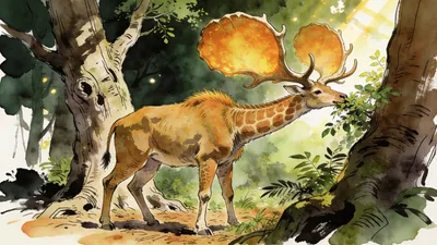 Visual depiction of A Sivatherium — giant giraffe relative — browsing in a Pliocene African forest