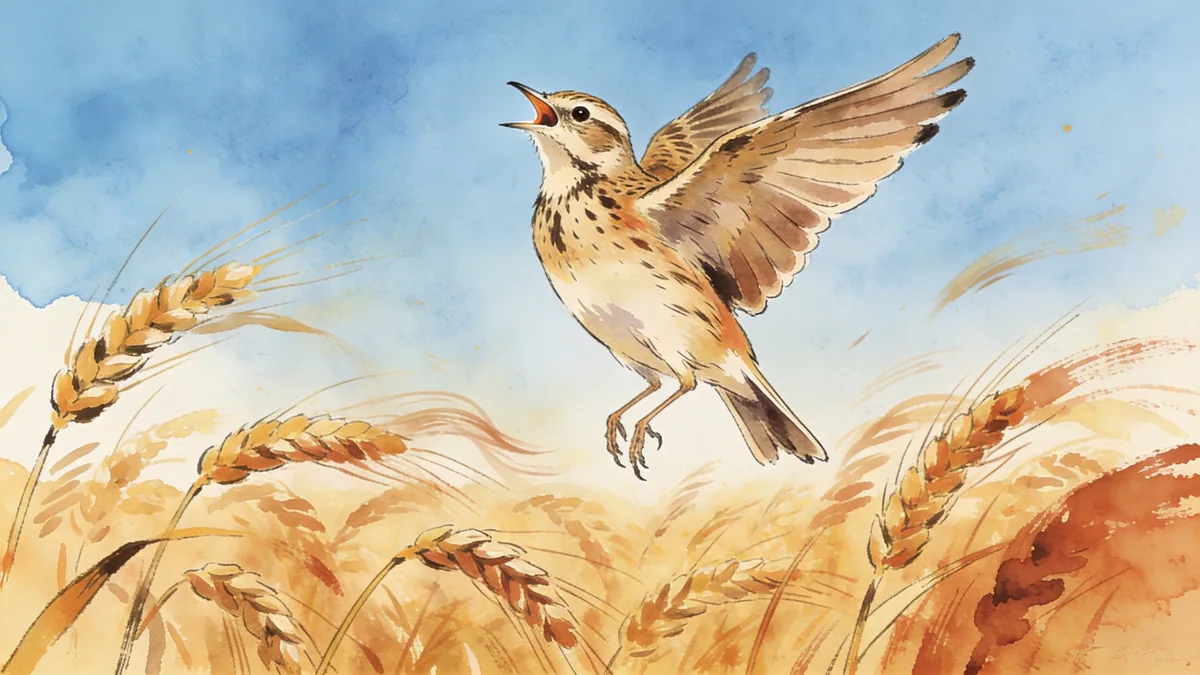 Visual depiction of A skylark ascending vertically above a summer wheat field