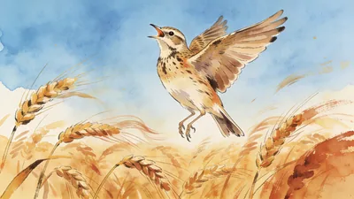 Visual depiction of A skylark ascending vertically above a summer wheat field