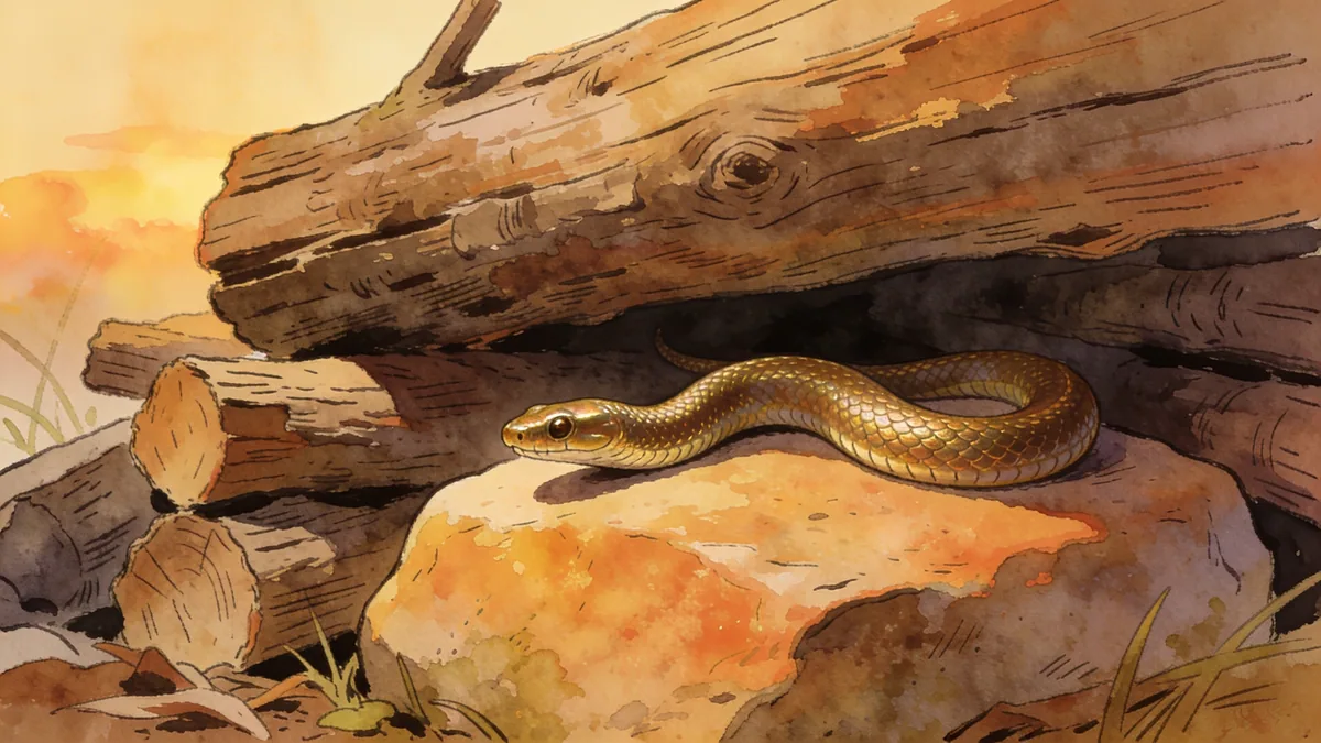 Visual depiction of A slow worm basking on a warm stone under a log pile edge