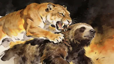Visual depiction of A Smilodon driving its sabre teeth into the neck of a giant ground sloth