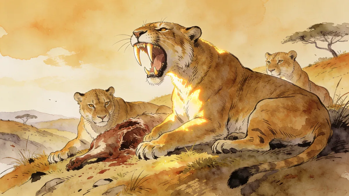 Visual depiction of A Smilodon pride resting on a Pleistocene hillside after a kill