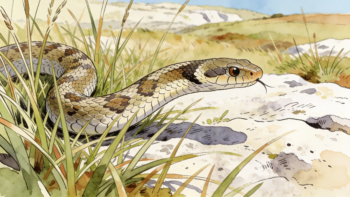 Visual depiction of A smooth snake hunting through chalk downland grasses on a warm day