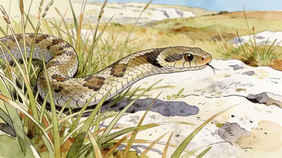 Visual depiction of A smooth snake hunting through chalk downland grasses on a warm day