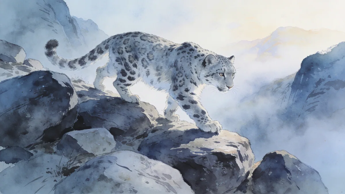 Visual depiction of A snow leopard picking its way carefully across a boulder-strewn mountain ridge in morning mist